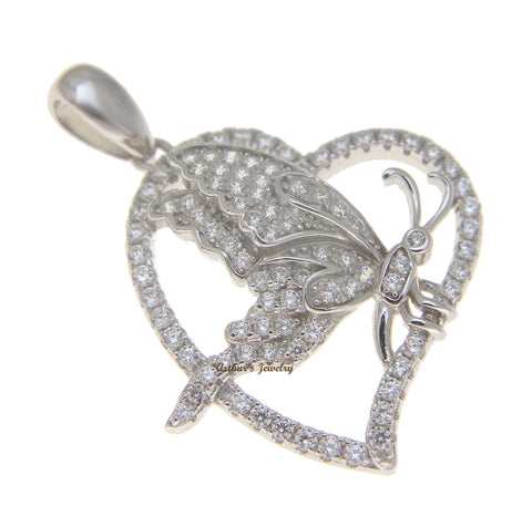SOLID 925 STERLING SILVER HAWAIIAN BUTTERFLY HEART PENDANT MICRO PAVE CZ RHODIUM