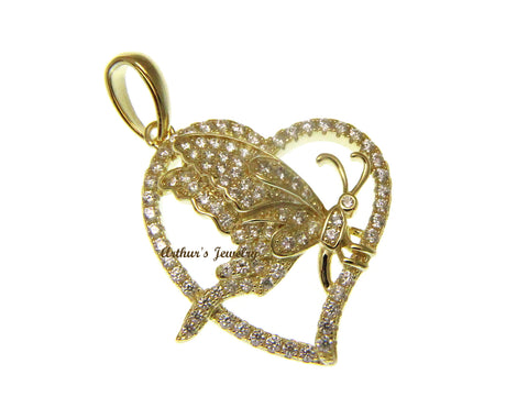 YELLOW GOLD PLATED STERLING SILVER 925 BLING CZ BUTTERFLY HEART PENDANT 24MM