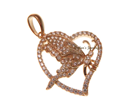 PINK ROSE GOLD PLATED STERLING SILVER 925 BLING CZ BUTTERFLY HEART PENDANT 24MM