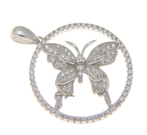 SOLID 925 STERLING SILVER HAWAIIAN BUTTERFLY ROUND PENDANT MICRO PAVE CZ RHODIUM