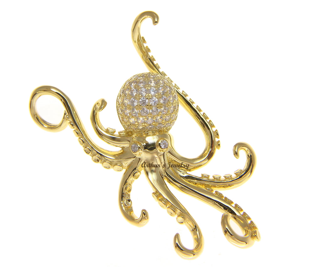 YELLOW GOLD PLATED SOLID 925 STERLING SILVER HAWAIIAN OCTOPUS SLIDE PENDANT CZ 29MM