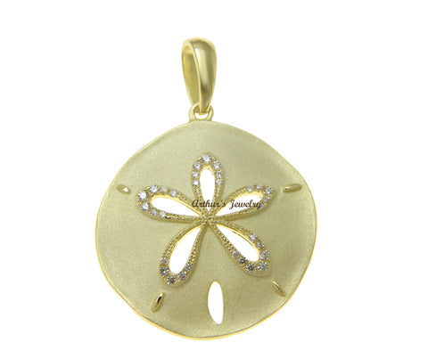 YELLOW GOLD PLATED 925 STERLING SILVER HAWAIIAN SAND DOLLAR PENDANT CZ 24.50MM
