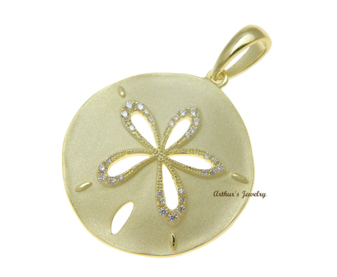 YELLOW GOLD PLATED 925 STERLING SILVER HAWAIIAN SAND DOLLAR PENDANT CZ 24.50MM