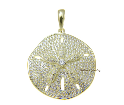 YELLOW GOLD PLATED 925 STERLING SILVER HAWAIIAN SAND DOLLAR PENDANT CZ 29MM