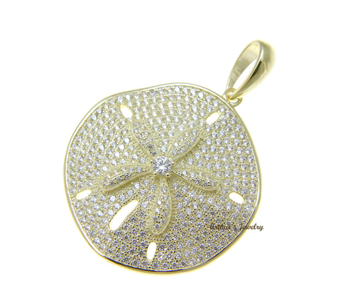 YELLOW GOLD PLATED 925 STERLING SILVER HAWAIIAN SAND DOLLAR PENDANT CZ 29MM