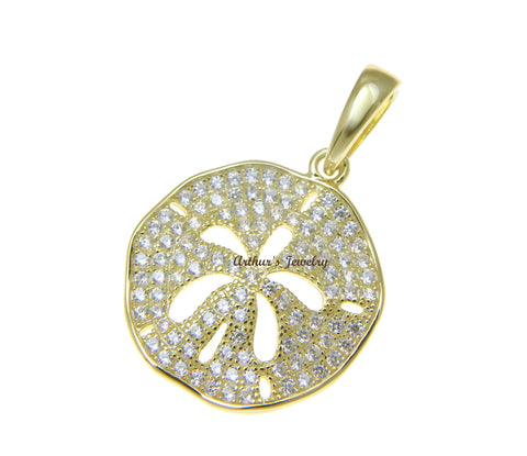 YELLOW GOLD PLATED 925 STERLING SILVER HAWAIIAN SAND DOLLAR PENDANT CZ 18MM