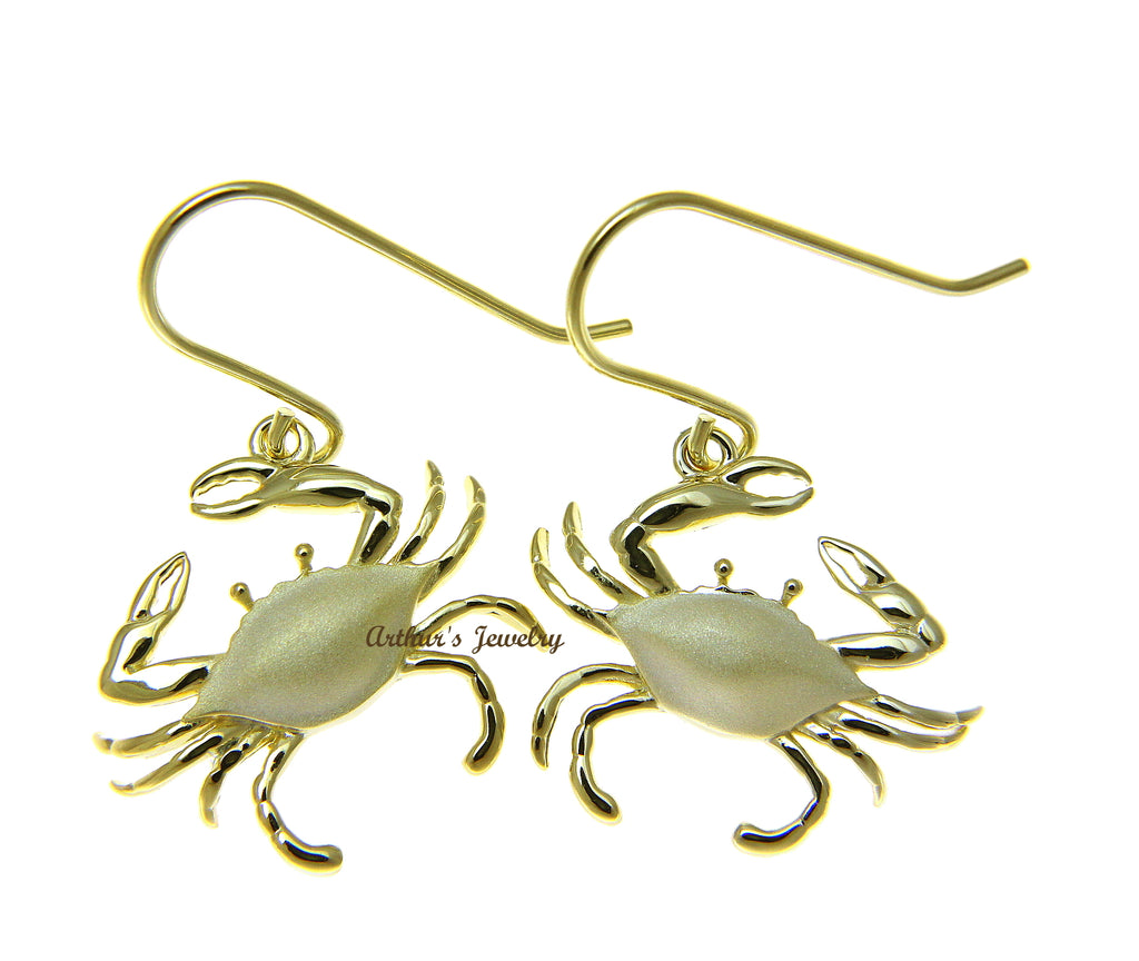 YELLOW GOLD PLATED 925 STERLING SILVER HAWAIIAN BLUE PINCHER CRAB HOOK EARRINGS