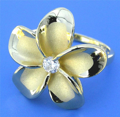 YELLOW GOLD PLATED STERLING SILVER 925 HAWAIIAN PLUMERIA FLOWER RING 21MM CZ size 3 to 12