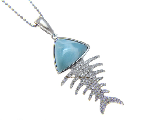 GENUINE NATURAL LARIMAR HAWAIIAN FISH BONE CZ PENDANT SOLID 925 STERLING SILVER