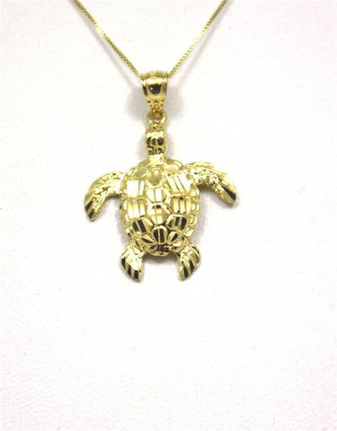 14K SOLID YELLOW GOLD SPARKLY DIAMOND CUT HAWAIIAN SEA TURTLE HONU PENDANT LARGE