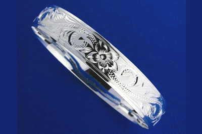 SILVER 925 HAWAIIAN BANGLE BRACELET PLUMERIA SCROLL SMOOTH EDGE 18MM