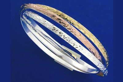 SILVER 925 TRICOLOR 3 IN 1 HAWAIIAN PLUMERIA SCROLL MAILE BANGLE BRACELET