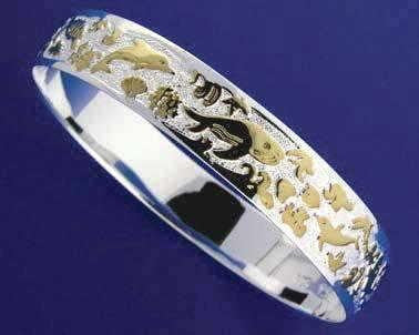 SILVER 925 HAWAIIAN BANGLE BRACELET SEALIFE SMOOTH EDGE 12MM 2 TONE