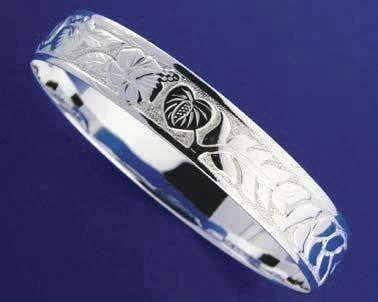 SILVER 925 HAWAIIAN BANGLE BRACELET HIBISCUS ANTHURIUM MAILE 