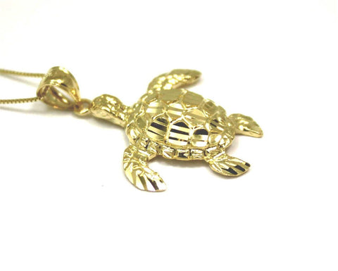 14K SOLID YELLOW GOLD SPARKLY DIAMOND CUT HAWAIIAN SEA TURTLE HONU PENDANT LARGE