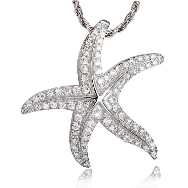 SOLID 925 STERLING SILVER BLING CZ HAWAIIAN STARFISH SLIDE PENDANT RHODIUM 24MM