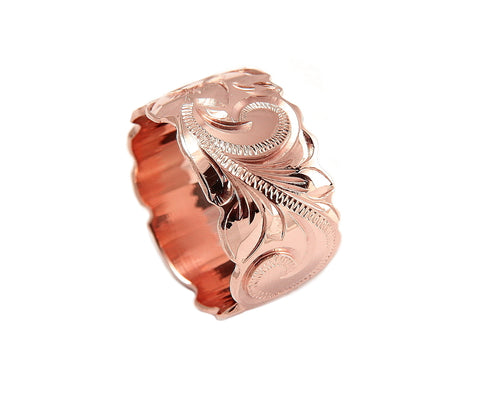 14K ROSE GOLD HAND ENGRAVED HAWAIIAN PLUMERIA SCROLL BAND RING CUT OUT 12MM