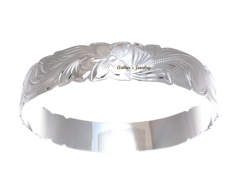 SILVER 925 HAWAIIAN BANGLE BRACELET PRINCESS PLUMERIA FLOWER SCROLL CUT OUT 12MM