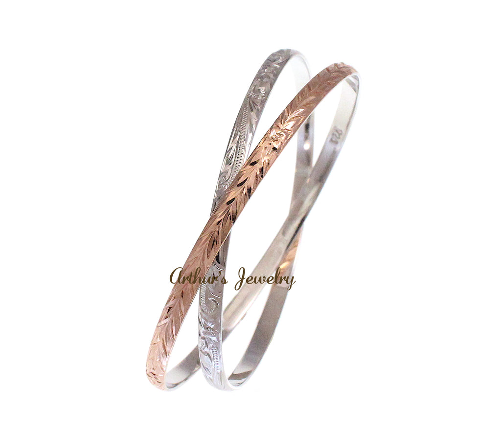 925 STERLING SILVER ROSE GOLD PLATED HAWAIIAN 2 in 1 PLUMERIA SCROLL MAILE BANGLE BRACELET