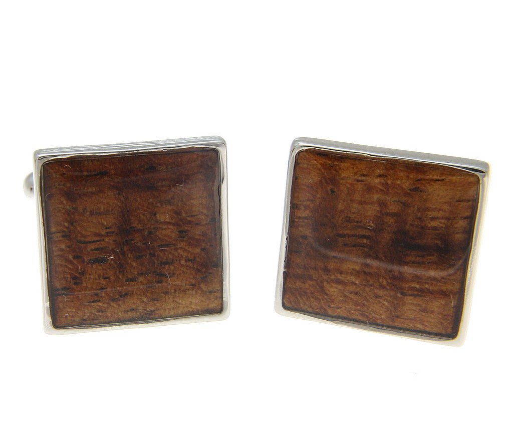 Koa Wood Hawaiian Rhodium Silver Plated Brass 16mm Square Shape Cufflink