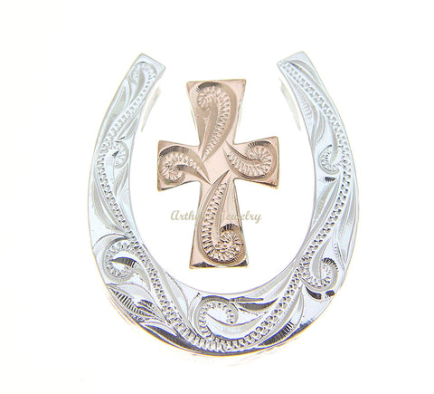 925 STERLING SILVER HIS HERS HAWAIIAN SCROLL PINK GOLD CROSS HORSESHOE PENDANT