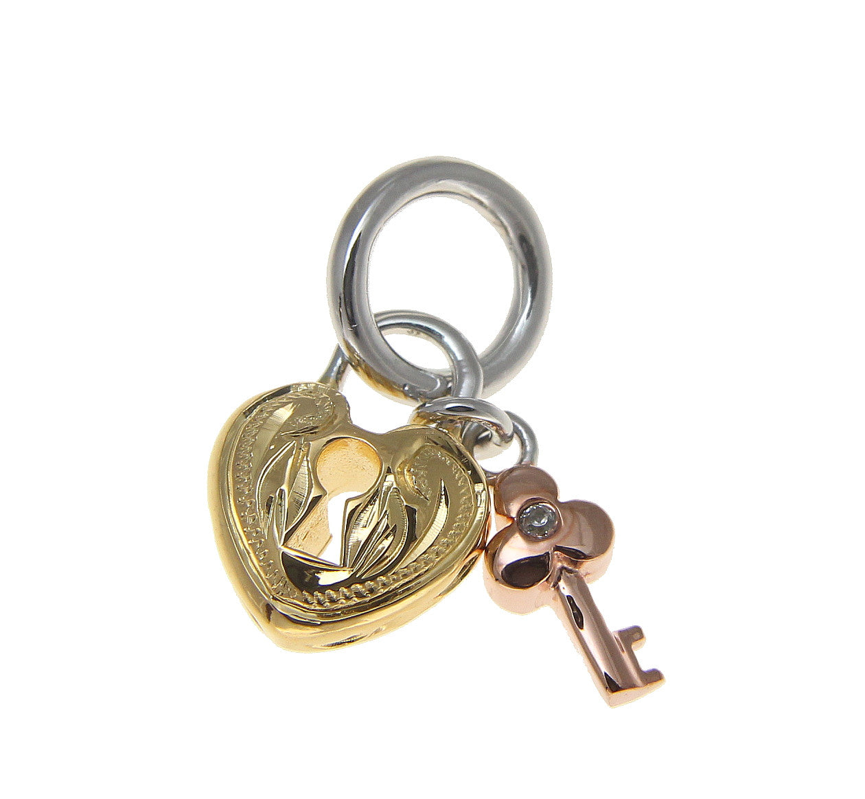 Diamond Heart Lock and Key Necklace in 14k Rose Gold Plate and