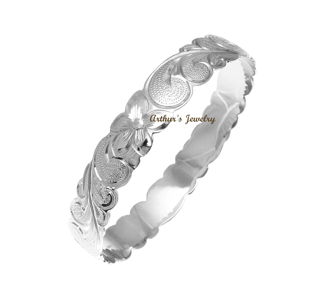 14K White Gold Custom Made Classic Hawaiian Heirloom Scroll 6mm Bangle