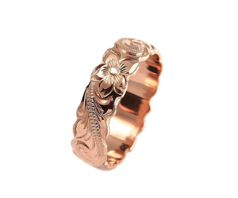 14K ROSE PINK GOLD HAND ENGRAVED HAWAIIAN PLUMERIA SCROLL BAND RING CUT OUT 6MM