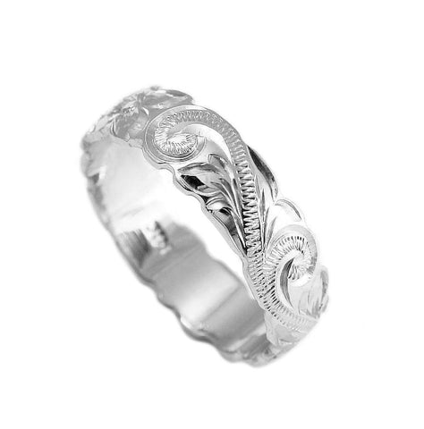 14K WHITE GOLD HAND ENGRAVED HAWAIIAN PLUMERIA SCROLL BAND RING CUT OUT 6MM