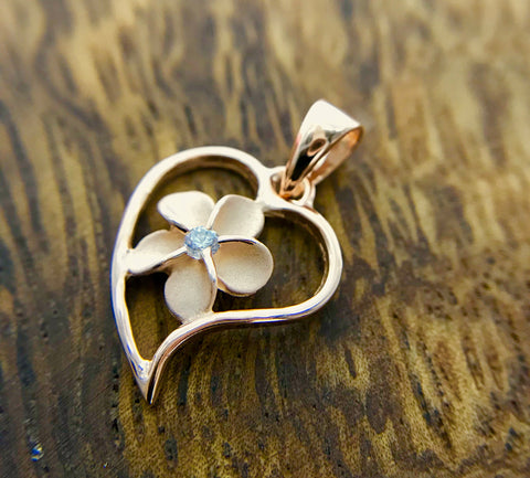 13.5MM ROSE GOLD PLATED SILVER 925 HAWAIIAN PLUMERIA OPEN HEART PENDANT CZ