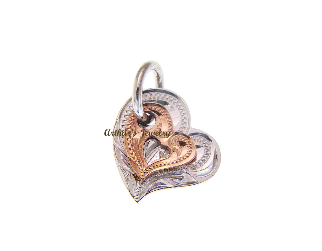 SOLID 14K WHITE PINK ROSE GOLD DOUBLE HEART LOVE ENGRAVE HAWAIIAN SCROLL PENDANT
