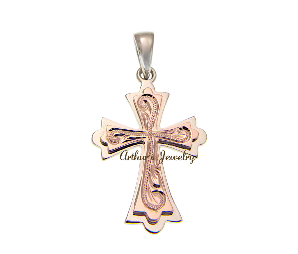 SOLID 14K WHITE ROSE GOLD HAND ENGRAVED HAWAIIAN SCROLL RAISED CROSS PENDENT