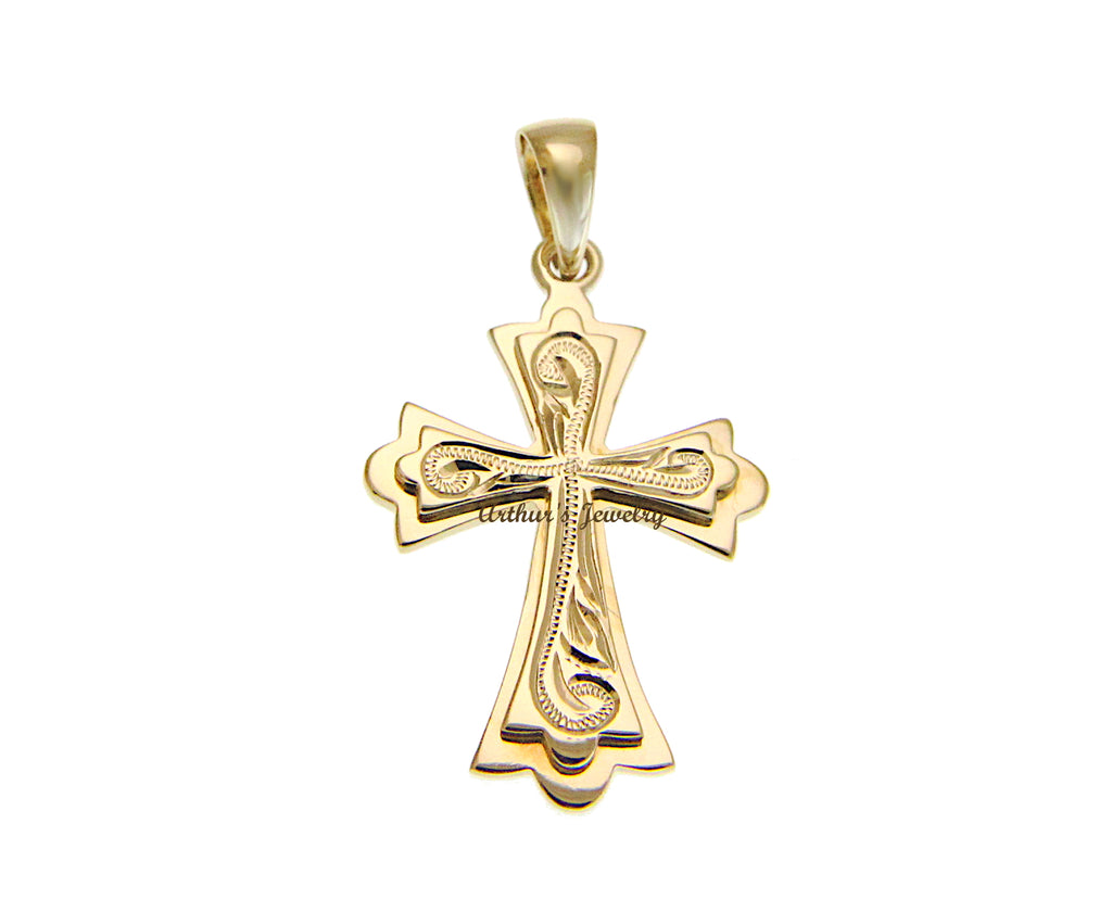 SOLID 14K YELLOW GOLD HAND ENGRAVED HAWAIIAN SCROLL RAISED CROSS PENDENT 15.80MM