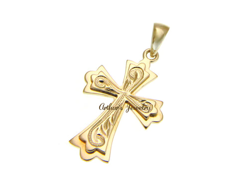 SOLID 14K YELLOW GOLD HAND ENGRAVED HAWAIIAN SCROLL RAISED CROSS PENDENT 15.80MM
