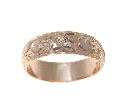 14K ROSE GOLD HAND ENGRAVED HAWAIIAN PLUMERIA SCROLL RING DIAMOND CUT EDGE 6MM