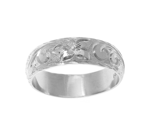 14K WHITE GOLD HAND ENGRAVED HAWAIIAN PLUMERIA SCROLL RING DIAMOND CUT EDGE 6MM