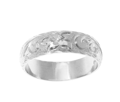 14K WHITE GOLD HAND ENGRAVED HAWAIIAN PLUMERIA SCROLL RING DIAMOND CUT EDGE 6MM
