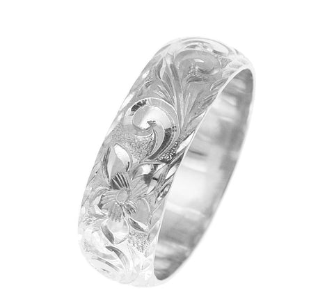 14K WHITE GOLD HAND ENGRAVED HAWAIIAN PLUMERIA SCROLL RING DIAMOND CUT EDGE 8MM