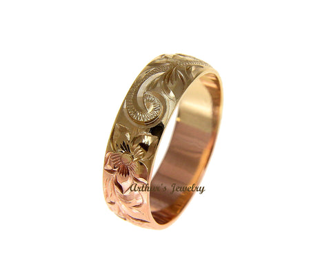 14K YELLOW ROSE GOLD 2 TONE CUSTOM HAND ENGRAVED HAWAIIAN SCROLL MAILE 6MM RING SIZE 2 TO 14