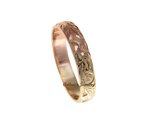 14K YELLOW ROSE GOLD 2 TONE CUSTOM HAND ENGRAVED HAWAIIAN SCROLL MAILE 4MM RING SIZE 2 TO 14