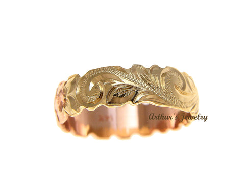 14K YELLOW ROSE GOLD 2 TONE CUSTOM HAND ENGRAVED HAWAIIAN SCROLL MAILE RING 6MM CUT OUT SIZE 2 to 14