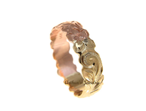 14K YELLOW ROSE GOLD 2 TONE CUSTOM HAND ENGRAVED HAWAIIAN SCROLL MAILE RING 6MM CUT OUT SIZE 2 to 14