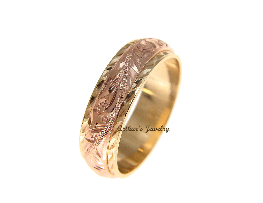 14K YELLOW ROSE GOLD HAND ENGRAVED HAWAIIAN PLUMERIA SCROLL 4MM/6MM DOUBLE RING SIZE 2 TO 14