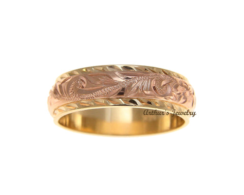 14K YELLOW ROSE GOLD HAND ENGRAVED HAWAIIAN PLUMERIA SCROLL 4MM/6MM DOUBLE RING SIZE 2 TO 14