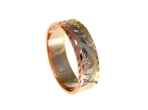 14K YELLOW WHITE ROSE TRICOLOR GOLD HAND ENGRAVED HAWAIIAN PLUMERIA SCROLL 6MM RING