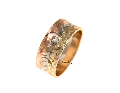 14K YELLOW WHITE ROSE TRICOLOR GOLD HAND ENGRAVED HAWAIIAN PLUMERIA SCROLL 8MM RING