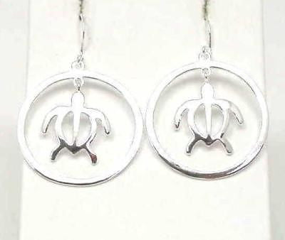 STERLING SILVER 925 HAWAIIAN HONU TURTLE DANGLE CIRCLE WIRE HOOK EARRINGS