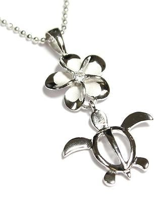 SILVER 925 HAWAIIAN PLUMERIA FLOWER DANGLE HONU SEA TURTLE PENDANT RHODIUM