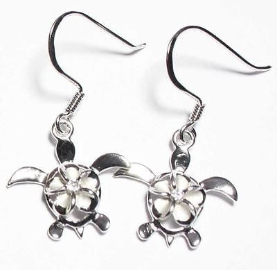 SILVER 925 HAWAIIAN PLUMERIA FLOWER HONU TURTLE WIRE HOOK EARRINGS CZ RHODIUM