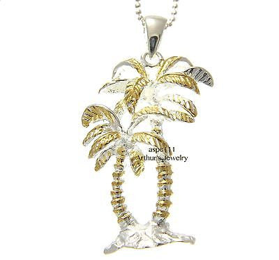 SILVER 925 HAWAIIAN TROPICAL DOUBLE PALM TREE PENDANT YELLOW GOLD PLATED 2 TONE